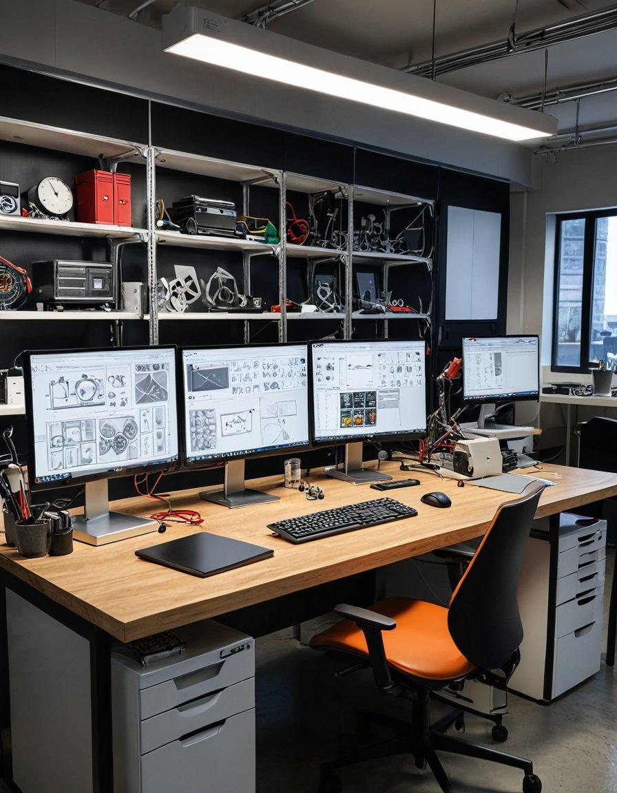 An intricate workspace showcasing a 3D CAD computer screen displaying detailed engineering designs alongside a sleek prototype model. Tools like calipers and 3D printers are scattered on the desk, reflecting the engineering process. A production line can be seen in the background with various prototype models at various stages, symbolizing innovation and technology. The lighting is bright and focuses on the workspace for a professional touch. super-realistic. vibrant colors.