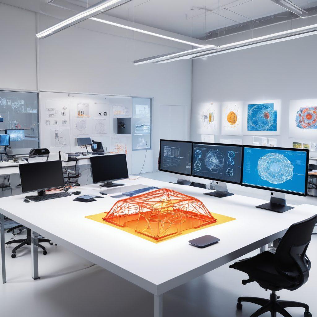 A dynamic workspace filled with high-tech CAD software interfaces showcasing 3D modeling prototypes. Include a diverse group of designers collaborating enthusiastically, surrounded by futuristic design tools and colorful screens displaying intricate designs. Highlight the transformation of ideas into tangible prototypes on a 3D printer. Bright lighting with an emphasis on innovation and creativity. super-realistic. vibrant colors. white background.