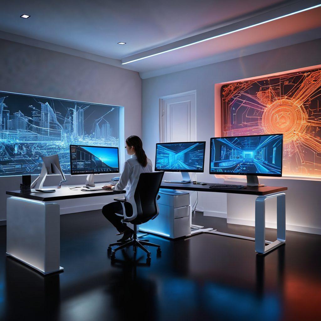 A dynamic scene showcasing a designer at a futuristic computer workstation surrounded by holographic blueprints of innovative architectural and product designs. Bursting with ideas and creativity, vibrant colors illuminate the atmosphere, blending technology with artistry. In the background, glimpses of 3D models and CAD software interface can be seen, symbolizing the fusion of design and technology. super-realistic. vibrant colors.